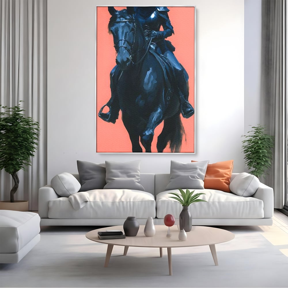 Tablou canvas cu tablou canvas cu femeie calare, in rama de aluminiu argintiu, pe perete intr-un living